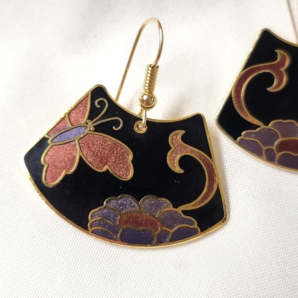 Vintage Samuel Huang Cloisonne Earrings - Floral Butterfly - NWT Gold Filled
